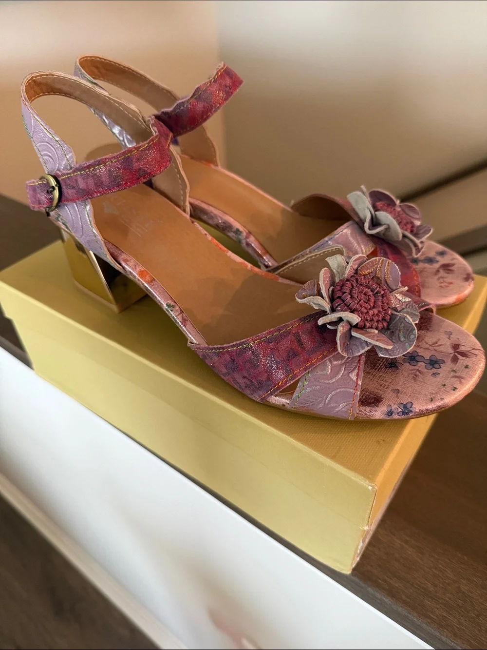 L'ATISTE Pink Floral Applique Open-Toe Block Heels